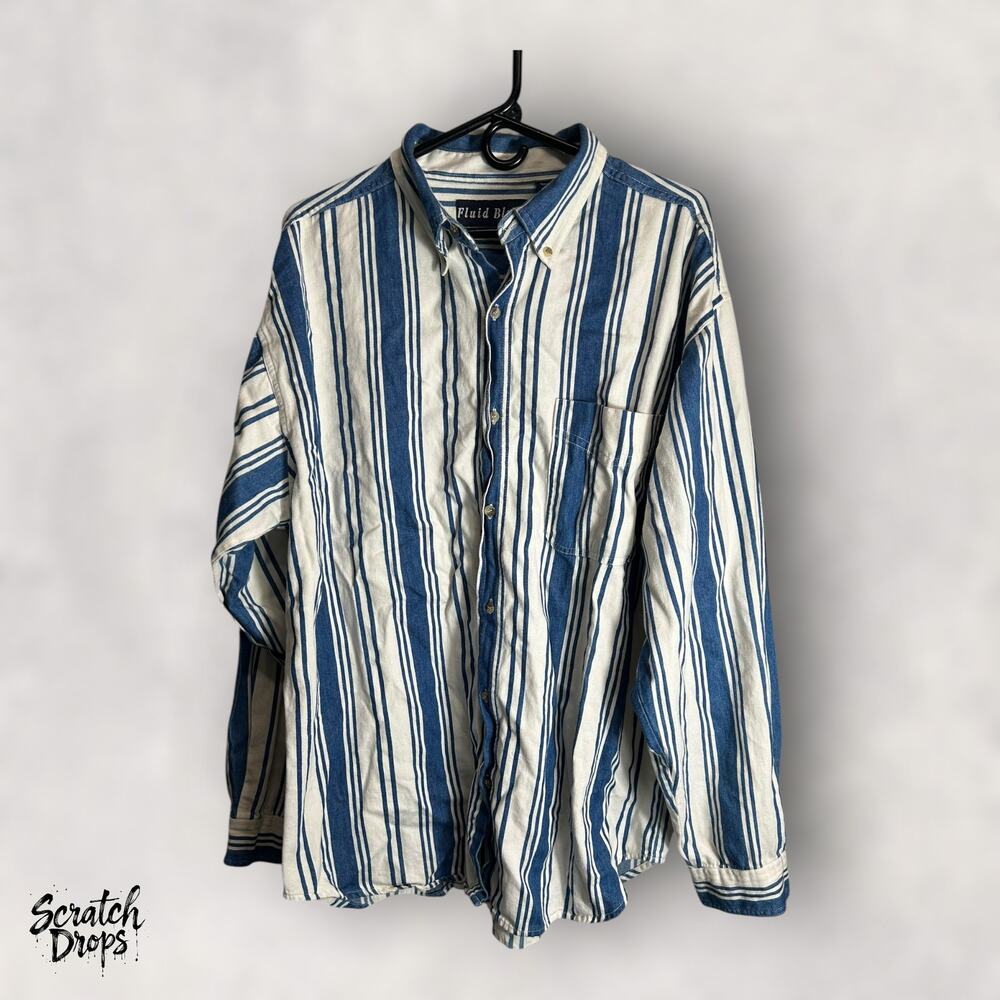 Fluid Blues Womens Long Sleeve Shirt Sz XL Vintage 90s Cotton Striped Button V08